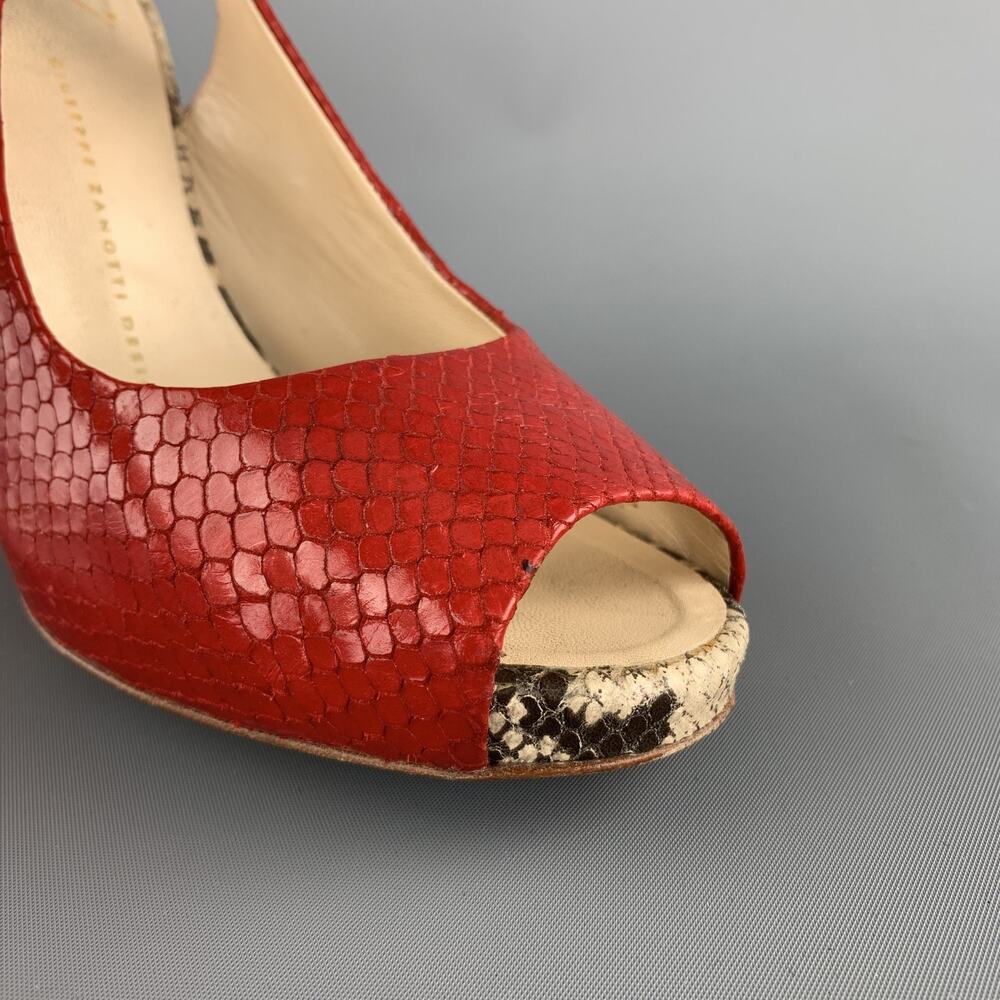 GIUSEPPE ZANOTTI Size 8 Red & Beige Snake Skin Slingback Peep Toe Pumps - Picture 5 of 8